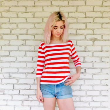 Hang Ten USA Shirt // vintage 70s 1970s cotton boho tee t-shirt t top striped surf hippy white red 70's surf 80s cropped crop top // S/M 