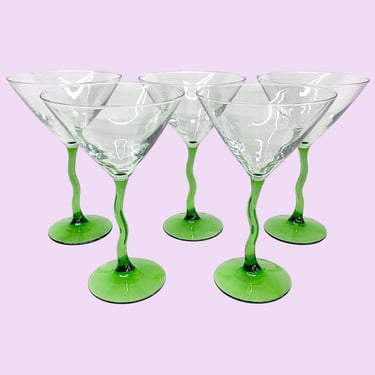 Vintage Libbey Martini Glasses Retro 1990s Contemporary + Green Wavy Stems + Clear Glass + Set of 5 + Modern Barware + Abstract Glassware 