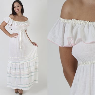 Off The Shoulder All White Mexican Dress / Pastel Crinkle Cotton Crochet Gown / 70s Ethnic Mexico Gauze Fiesta Maxi 