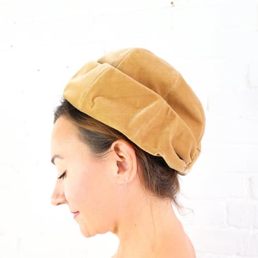 1960s Gold Velvet Hat | 60s Beige Cotton Velvet Hat | Filbert Orcel Paris 