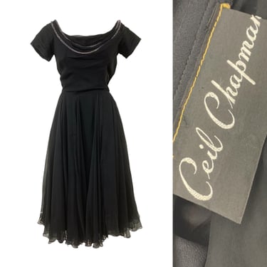 Vtg Vintage 1950s 50s 1960s 60s Glam Chiffon Ceil Chapman Black Party Midi Dress 