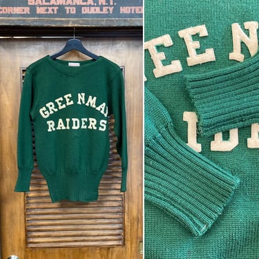 Vintage 1940’s “Greenmay Raiders” Appliqué Athletic Wool Sweater, 40’s Knit Pullover, Vintage Clothing 