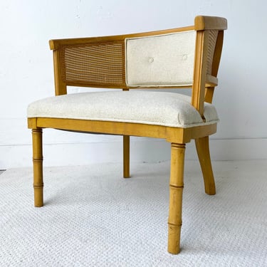 Vintage Barrel Chair FREE SHIPPING Faux Bamboo, Cane Back and White Upholstered Fabric - Hollywood Regency Armchair Coastal Furniture 