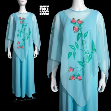 Ethereal Vintage 70s Light Blue Maxi Dress with Matching 3D Pink Roses Sheer Cape 