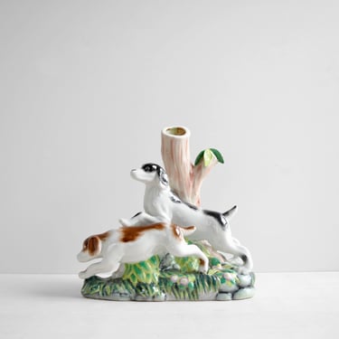 Vintage Figural Porcelain Dog Vase, Staffordshire Style Dog Spill Vase 