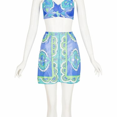 Emilio Pucci for Formfit Rogers 1960s Vintage Printed Blue & Green Three-Piece Lingerie Set Sz XS 