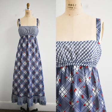 1970s Blue Plaid Maxi Dress with Flocked Strawberries 