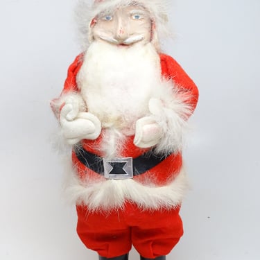 Antique 10 Inch SANTA With Hand Painted  Face, Cotton Beard, Fur Trimmed Suit,  Christmas Toy, Vintage Holiday Decor 