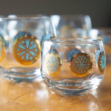 Set of 12 - ROLY POLY COCKTAIL Glasses - Mid-century Modern/Vintage - Mandala 24k Gold/Turqouise 