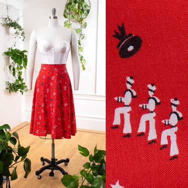 Vintage 1970s Skirt | 70s does 1940s 1950s Sailor Nautical Novelty Print Red Cotton High Waisted Full Swing Skirt (small) 