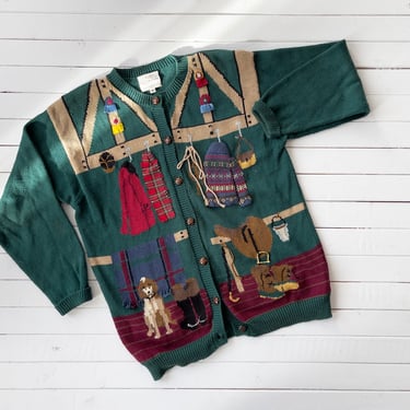 cottagecore sweater | 80s 90s vintage Susan Bristol green equestrian horse rider dog hand knit streetwear aesthetic cardigan 