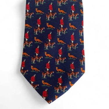 Vintage Polo Ralph Lauren Tie. Sportsman-themed Designer Necktie handmade in Italy.  Navy Blue Silk with Fox, Hound, and Hunter Motifs. 