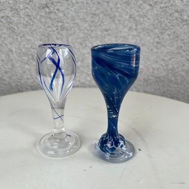 Vintage hand blown glass set 2 shot glasses or cordials blue tones holds 2 oz 