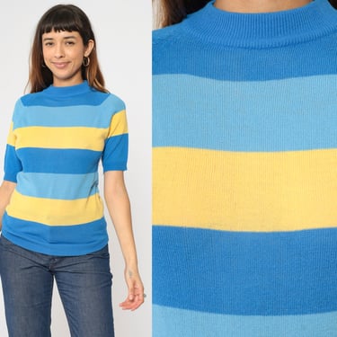 Striped Knit Shirt 70s Sweater Top Blue Yellow Short Sleeve Pullover Mock Neck Top Raglan Sleeve 1970s Vintage Small xs 