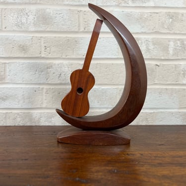 Mid-Century Wooden Guitar Bookend - Vintage Hand Carved Music Decoration 