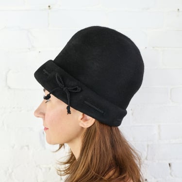 1960s Black Wool High Crown Hat | 60s Black Wool Felt Hat | Monsieur Peter Petite 