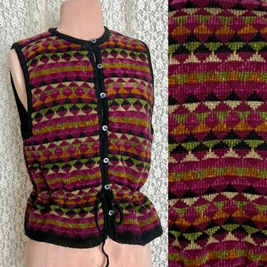 Ikat Geometric Sweater Vest, Kilim Tribal Pattern, Sleeveless Top, Button Down, Drawstring Waist, Vintage 90s 