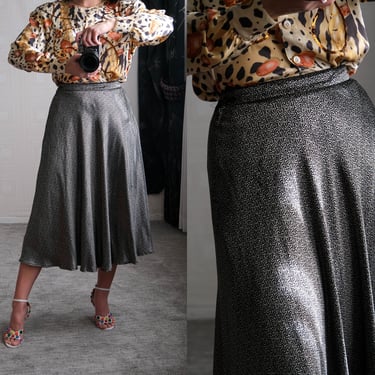 Vintage 80s JUGOEXPORT BEOGRAD Black & Silver Silk Velvet Abstract Print High Waisted Swing Skirt | 100% Silk | 1980s Designer Silk Skirt 