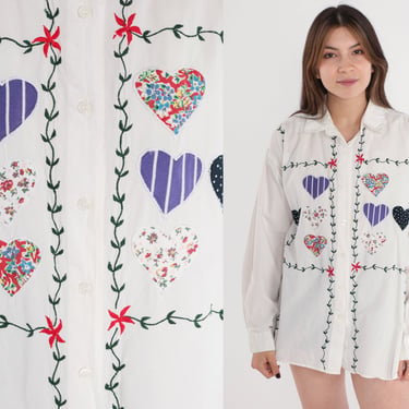 Patchwork Heart Top 70s White Button up Blouse Leaf Vine Embroidered Shirt Long Sleeve Retro Collared Bohemian Cotton Vintage 1970s Large L 