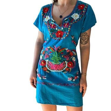 Vintage 1970s Womens Mexican Blue Floral Embroidered Cotton Mini Hippy Dress 