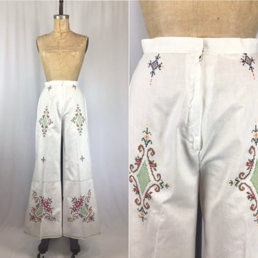 Vintage 70s pant | Vintage embroidered white trousers | 1970s wide leg cotton pants 