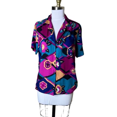 Vintage 90's Alfred Dunner Southwestern Colorful Button Down Short Sleeve Blouse, 16 