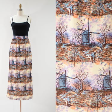 long maxi skirt | 60s 70s vintage Dutch windmill farmer pattern novelty print cottagecore skirt 