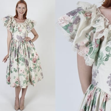 Cottagecore Loralie Brand Prom Dress, Cream Full Skirt Wedding Gown, Romantic Print Designer Bridal Outfit 