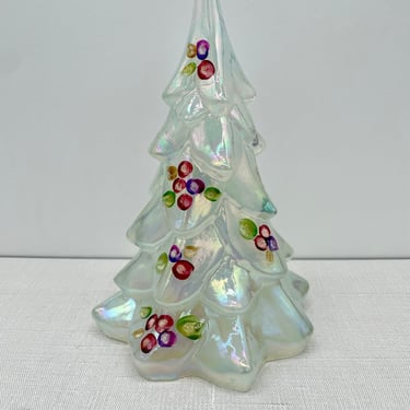Fenton Art Glass Large 7.5" White Opalescent Christmas Tree Hand Painted by J Powell | Fenton 5563 QS 