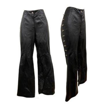 Vtg Vintage 1990s 90s ESCADA Designer Black Leather Silver Hoop Hardware Pants 