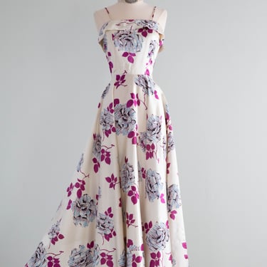 Stunning 1940's Rose Print Slipper Satin Evening Gown By Belcoda / Small
