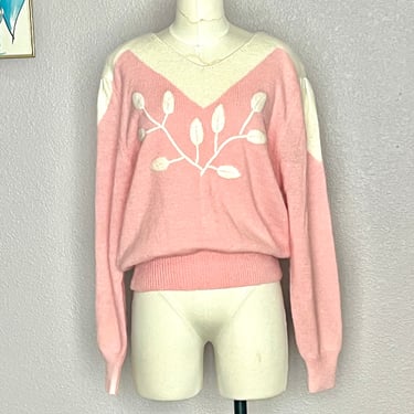 Pink Soft Sweater, Embroidered Pull Over Top, Fuzzy Knit, Vintage 80s 