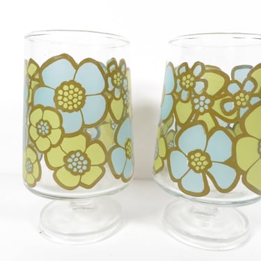 Mod Blue and Green Daisy Glass Tumblers - Two 1970's Colony Mod Flower Ice Tea Glasses 