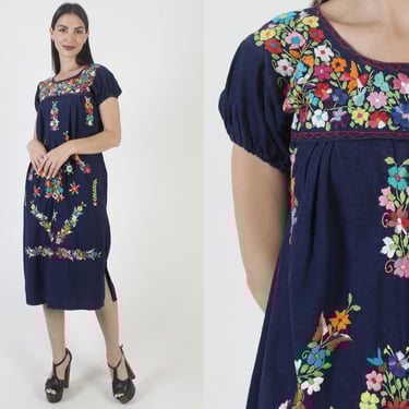 Mexican Embroidered Puebla Dress, All Cotton Floral Embroidery, Large Puff Sleeve, Made In Mexico 