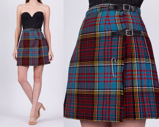 60s 70s Plaid Tartan Mini Skirt - XS to Small, 24"-26" | Vintage Scottish Kilt Preppy Schoolgirl Wrap Miniskirt 