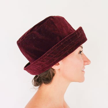 1980s Burgundy Velvet Hat | 80s Maroon Cotton Velvet | OASIS 