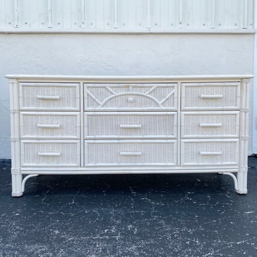 Henry Link Faux Bamboo & Wicker Dresser with 9 Drawers - Vintage White Sunburst Rattan Coastal Boho Chic Credenza Furniture 