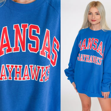 Vintage Kansas Jayhawks Sweatshirt 80s University Sweatshirt 1980s Football KU City Graphic College Sweater Blue Raglan Sleeve 2xl xl xxl 
