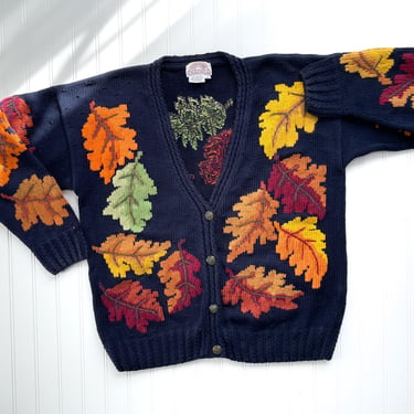 cottagecore sweater 90s vintage Traditional Trading Co navy fall autumn leaves leaf hand knit cardigan 