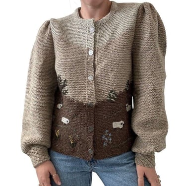 Vintage Sanamoden Salzburg Farm Scene Sheep Wool Hand Knit Puff Sleeve Cardigan 