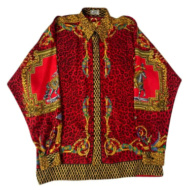 1990s Gianni Versace Red & Gold Silk Twill Baroque Leopard Shirt 
