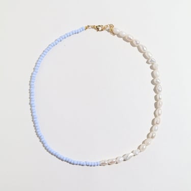 FRESHWATER PEARL AND BABY BLUE BEADED NECKLACE