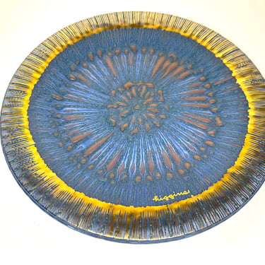 Vintage 1960s Higgins Glassware Blue + Gold Rays Fused Glass 8” Dish 