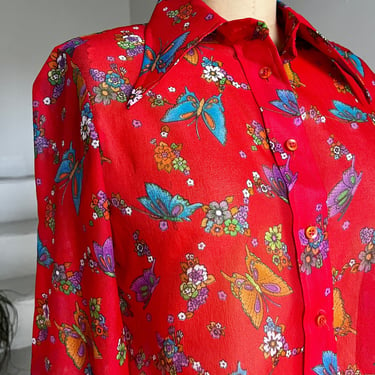 Sweet Sheer 1970s Blouse  with Colorful Butterflies and Flowers Shirt Unworn 70s 38 Bust Vintage 