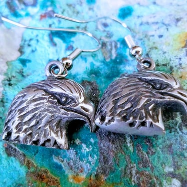 Eagle Head Earrings~Native American Pewter Bird Earrings~Vintage Dangles~Symbolic Animal Wisdom Freedom~Gifts for Her~JewelsandMetals 