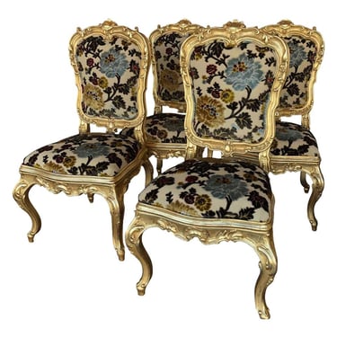 Set of Four Italian Hand-Carved Gilded Chairs with Vintage Floral Upholstery