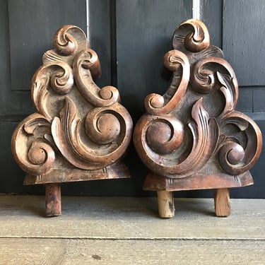 French Architectural Furniture Mounts, Pair, Wood Plaques, Acanthus Leaf Scroll Design, Armoire, Wall Art Mount 