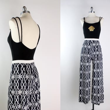 60s Geometric Black and White Bell Bottoms Pants/ Semi Sheer Pants/ Swim Cover up/ Size S/M 