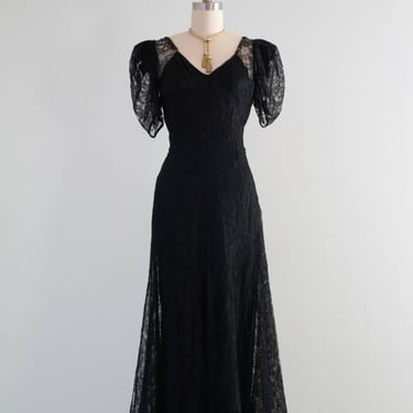 Exquisite 1930's Black Lace Bias Cut Evening Gown / XS