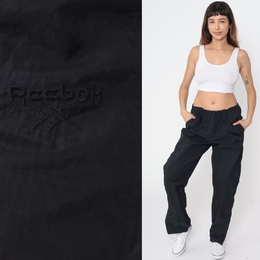 Reebok Track Pants 90s Jogging Black Track Suit Streetwear Nylon Athletic Sports Vintage Gym Jogging Running Joggers Medium 